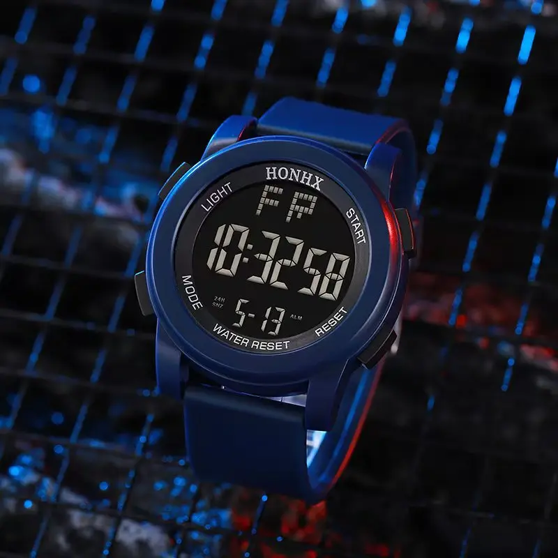 ساعة مضيئة متعددة الوظائف للرجال، ساعة رقمية كبيرة الحجم، ساعة إلكترونية للتوقيت الرياضي في الهواء الطلق