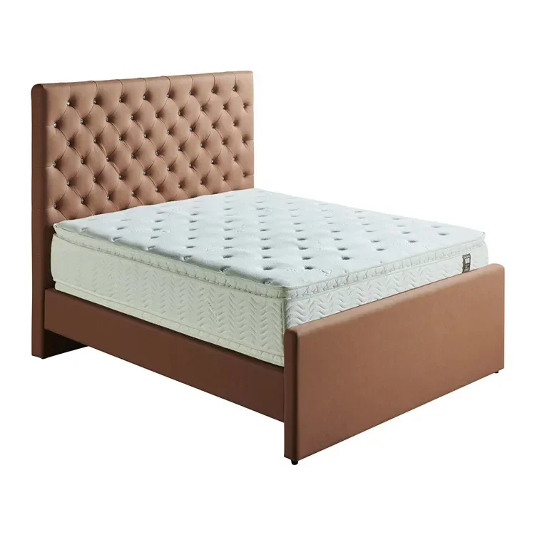 Hotel Bedroom Furniture Durable Long Life Italian Steel Bed Frame Crystal Button PU Fabric Leather Bed