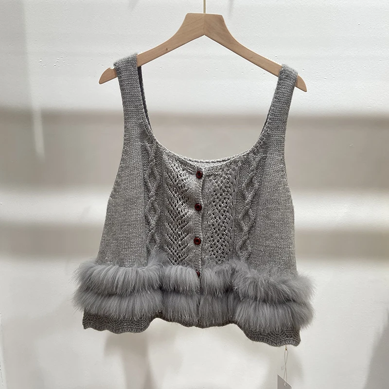 Girl's Sweet Real Fox Fur Sweater Women's Sexy Spring White Knitted Short Camisole Vest