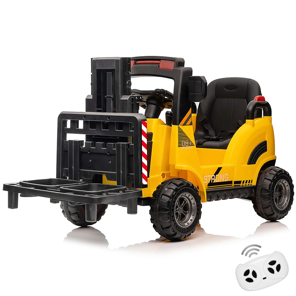 12V Ride on Forklift Car, Electric Ride On Construction Car with Remote Control, Liftable Fork and Pallet, 2 Speeds, Music, USB