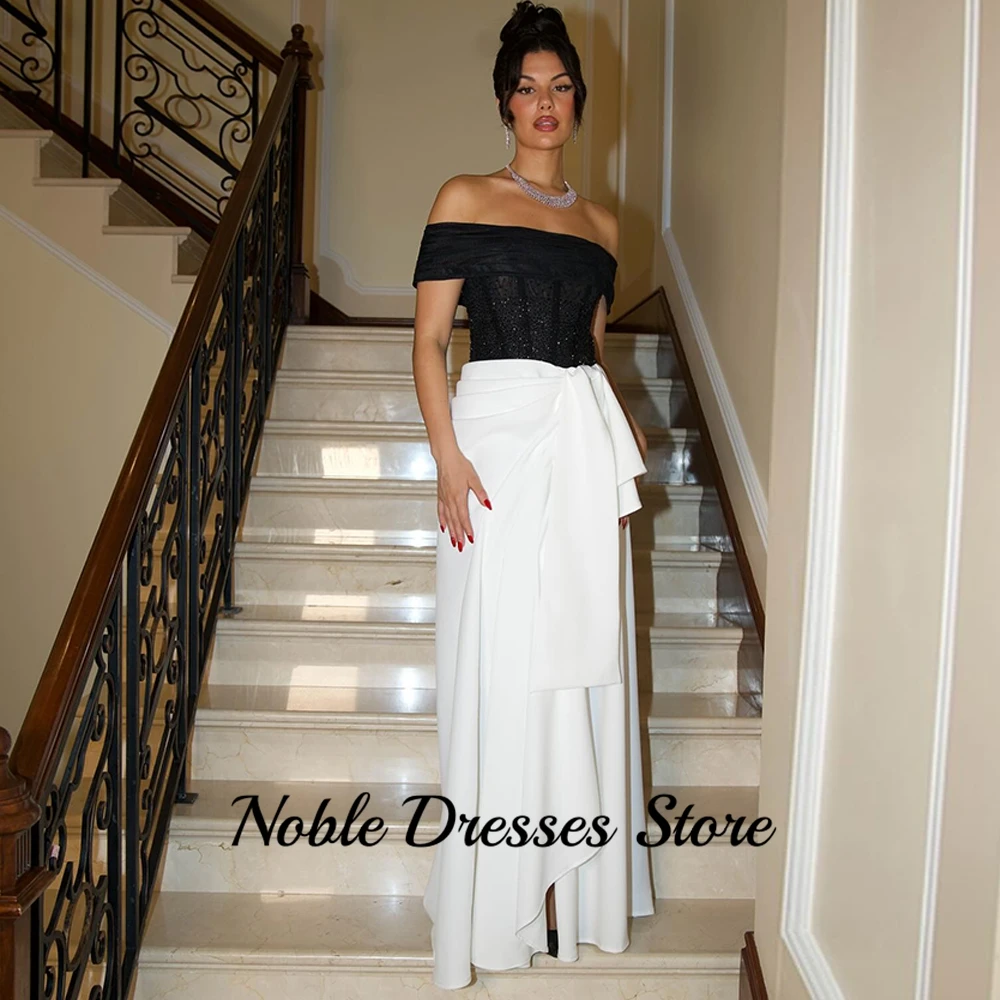 فستان سهرة كلاسيكي من الأورجانزا الأسود والأبيض من الجيرسيه مخصص قبالة الكتف فستان الحفلة الراقصة فساتين مناسبة رسمية بألوان متباينة #4