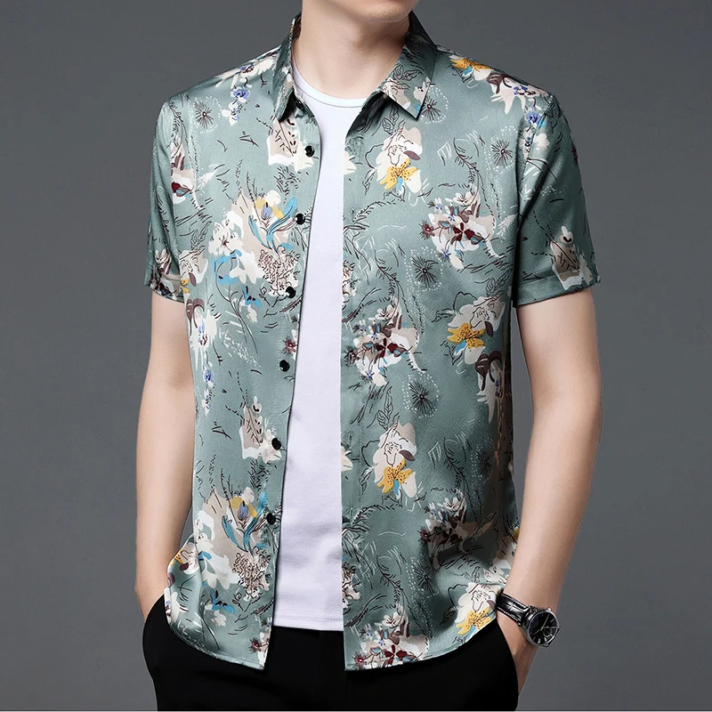 Tops de seda con estampado Floral para hombre, ropa de calle de manga corta con estampado Floral, camisas de seda satinada Lisa para verano, 2023