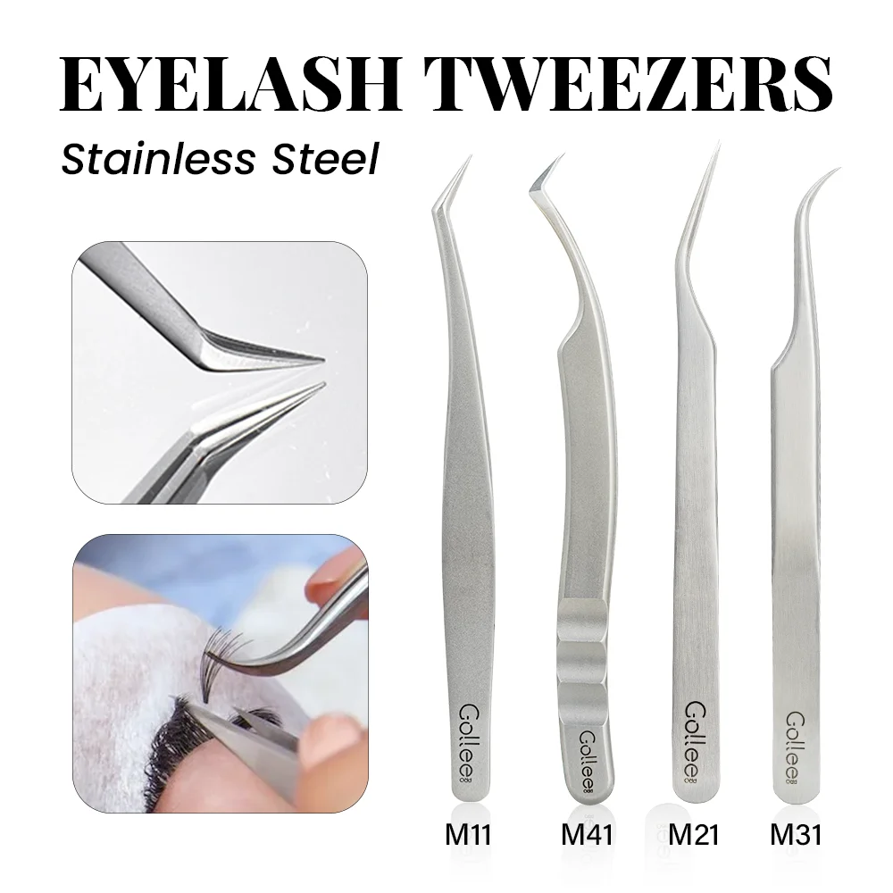 

Gollee Sliver Stainless Steel Tweezers Anti-static For Eyelash Extension Careful Storage High precision Divide Volume Eyelash