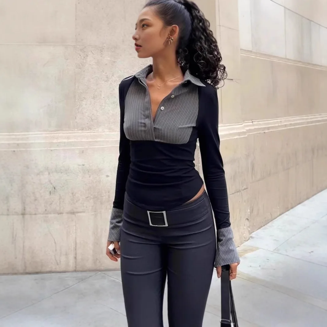 2026 Polo-hals Shirts Damesmode Streep Print Patchwork Shirts Met Lange Mouwen Top Dameskleding Kantoor Dame Vrouwen shirt Nieuw