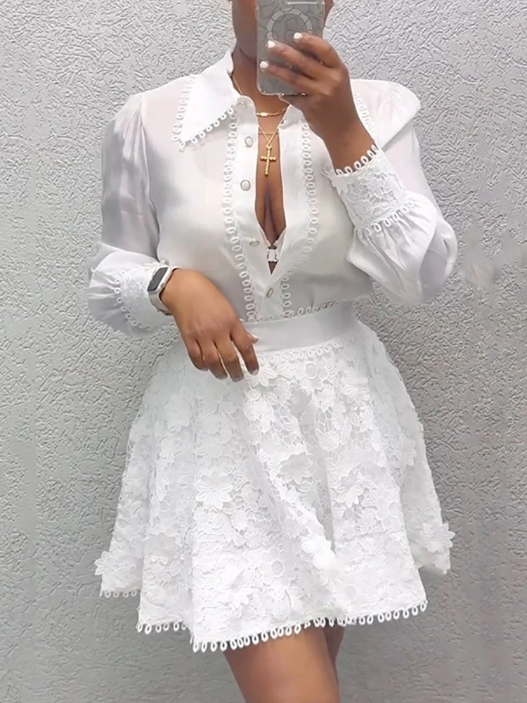 Women Eyelet Lace Two Piece Set Long Sleeve Lapel Collar Puff Sleeve Blouse A-Line Scallop Trim Mini Skirt Office Party Outfit
