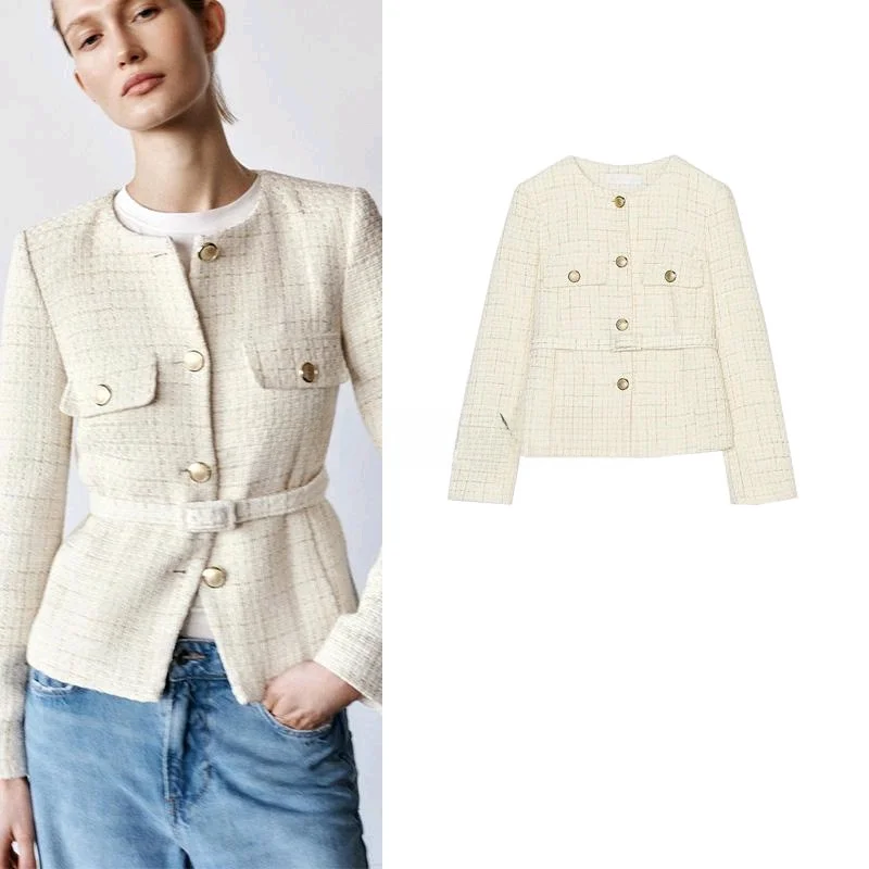 春の新到着女性のカジュアルテクスチャスーツジャケット長袖ラウンドネックベルト付きショルダーパッドストレートカット通勤スタイル