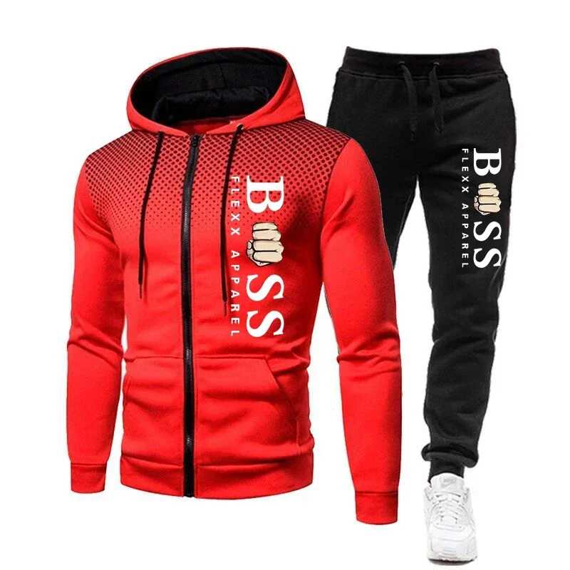 2023 New Fall Winter Zipper Fleece Men\'s Tracksuit Hoodies Pants Sweatshirts Two Piece Sets Suit Sportswear Brand Men Clothing