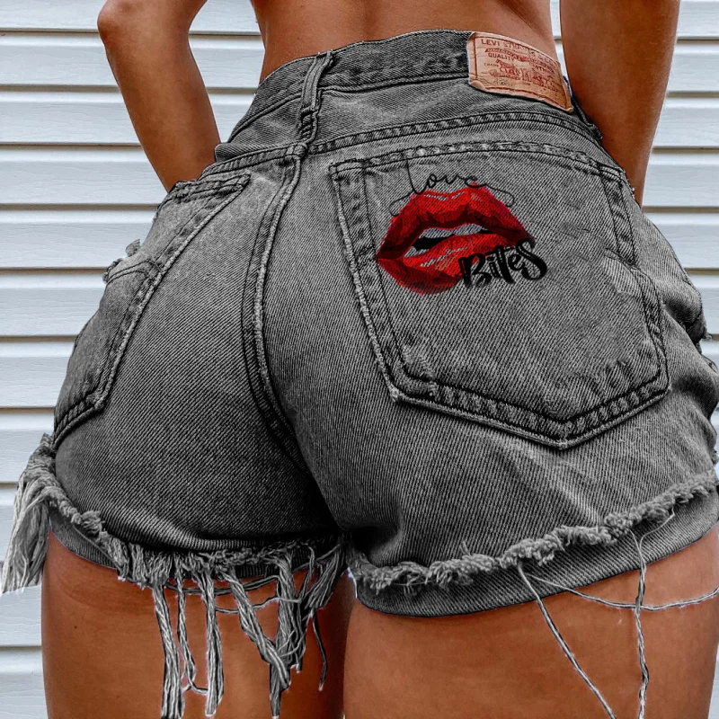 2026 Summer Casual Denim Shorts for Girls with Fringed Edges Washed Water Print Pattern High Waist Mid-Thigh Length