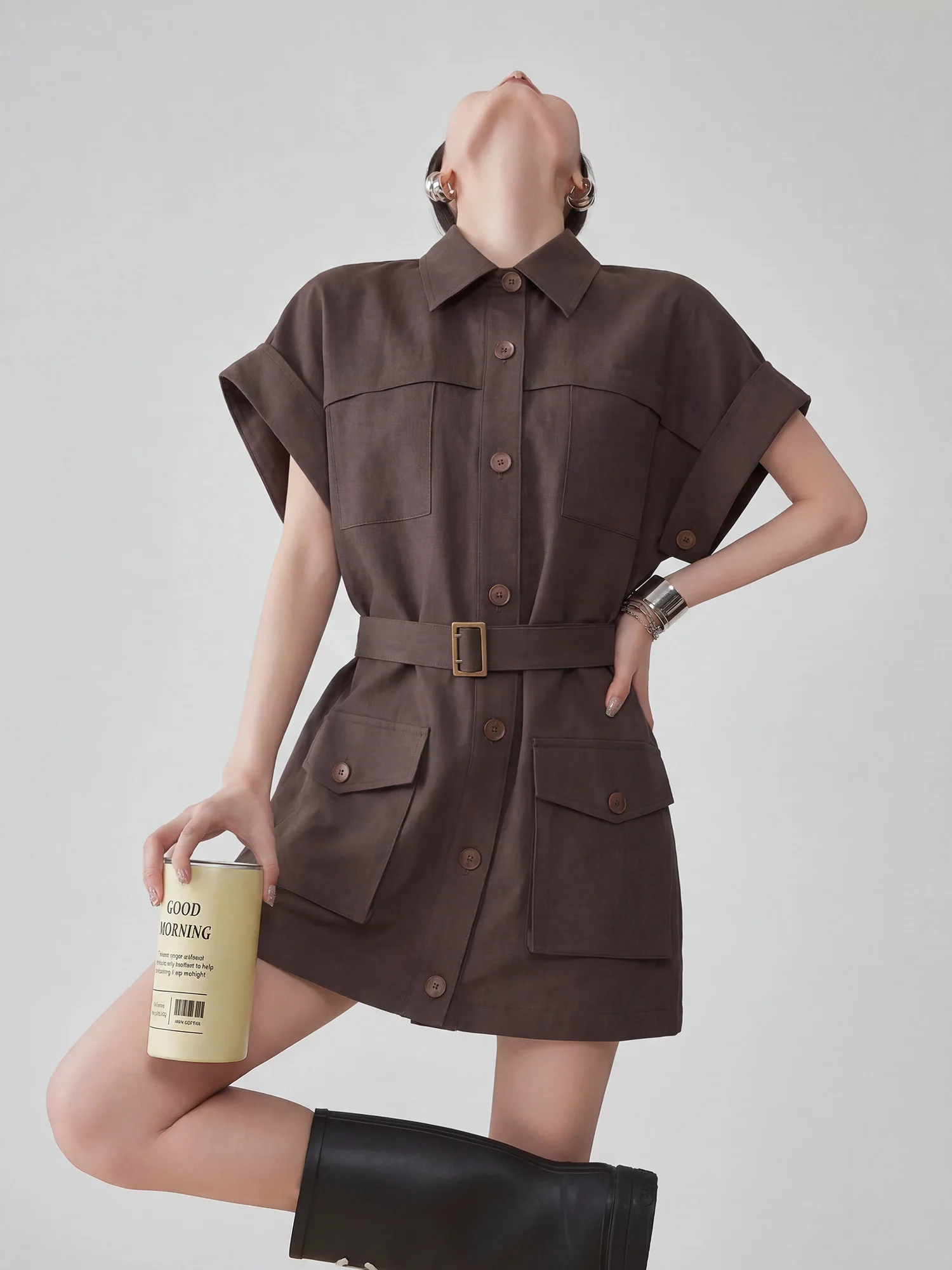 

American Workwear Style Khaki Short Sleeve Dress Waist Cinching Shirt Dress Slimming Casual Polyester Fiber Summer New Arrival