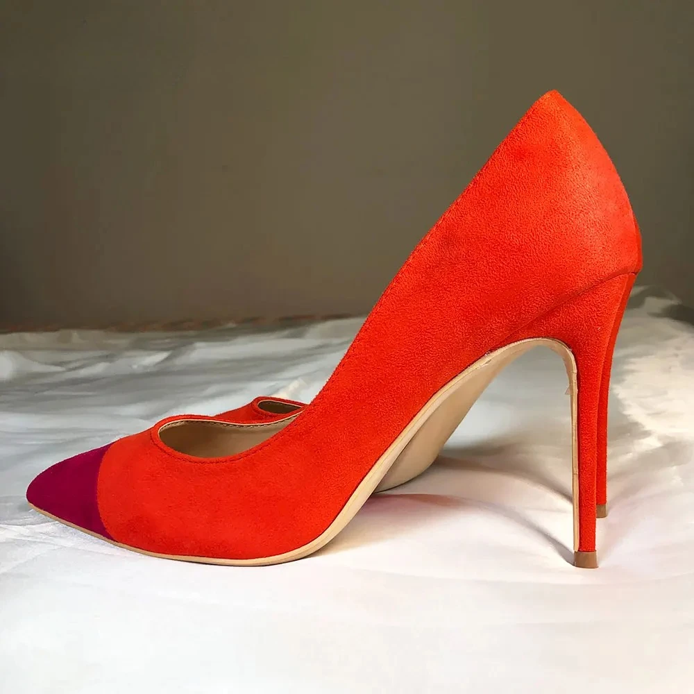 Tikicup Spring New Patchwork Women Orange Faux Suede Pointed Toe Stiletto Heels 12CM Ultra-Slim High Heels for Women Party Daily