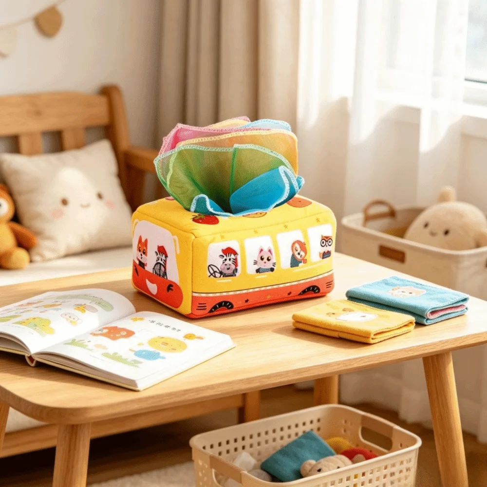 Educational Baby Montessori Boxes Interactive Crinkle Cloth Tissue Box Toys Soft Skills Training Infant Pull Along Kids Gifts