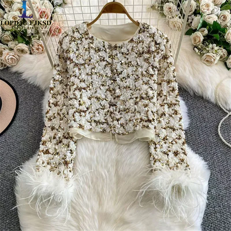 Women's European Style Diamond Studded Sequin O-Neck Jacket Luxury Splicing Hairy Long Sleeve Top Palace Style