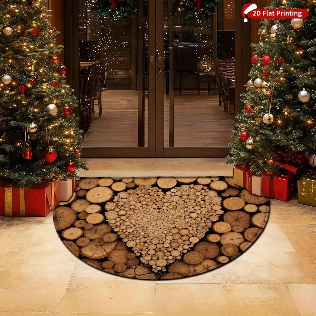 Half Round Doormat Wood Log Heart Pattern NonSlip Felt Rug Rustic Entrance Floor Mat Indoor Kitchen Welcome Carpet Home Decor