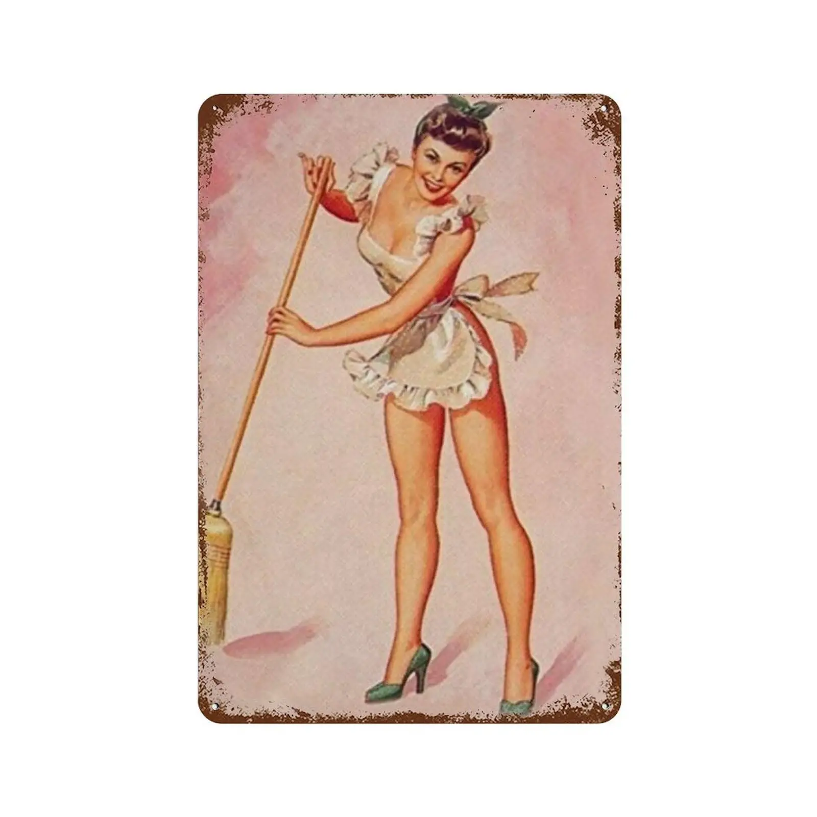 Retro Tin Sign Broom Pin Up Girl Wall Decor Metal Tin Home Bar Shop Decorations Coffee Vintage Sign Gift 8X12 Inch