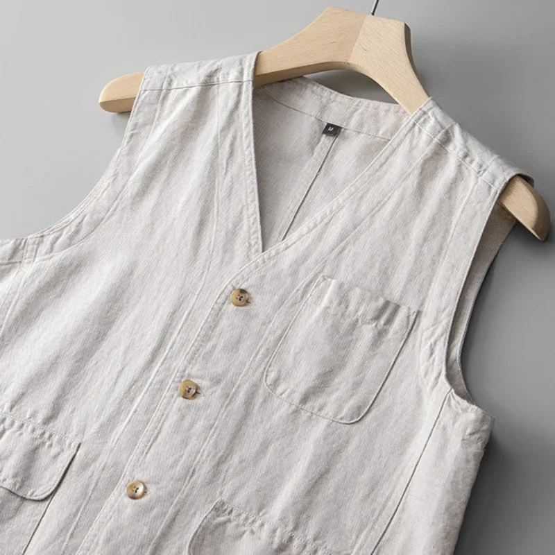 Casual Men Loose Linen Cotton Vest Japanese Retro Sold Color Multiple Pockets Workwear Sleeveless Top V-neck For Male