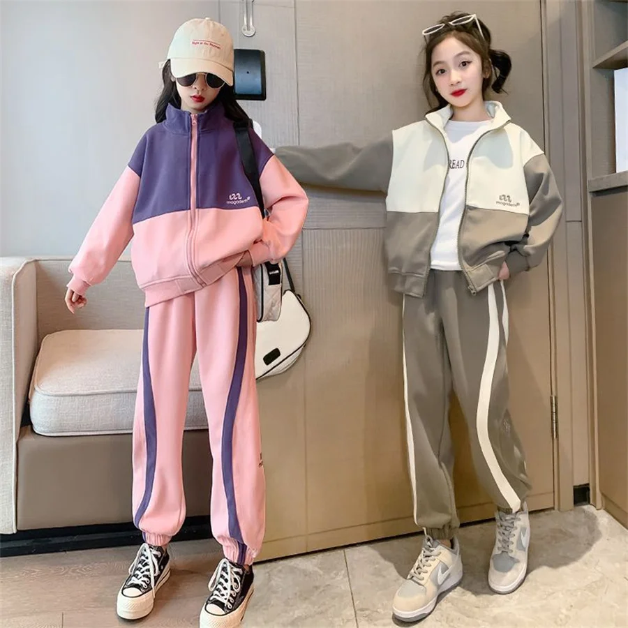 New Girls Letter Teen abbigliamento Casual Set giacca a due pezzi pantaloni Jogger abiti colore grigio bambini abiti 6 8 10 12 14 anni