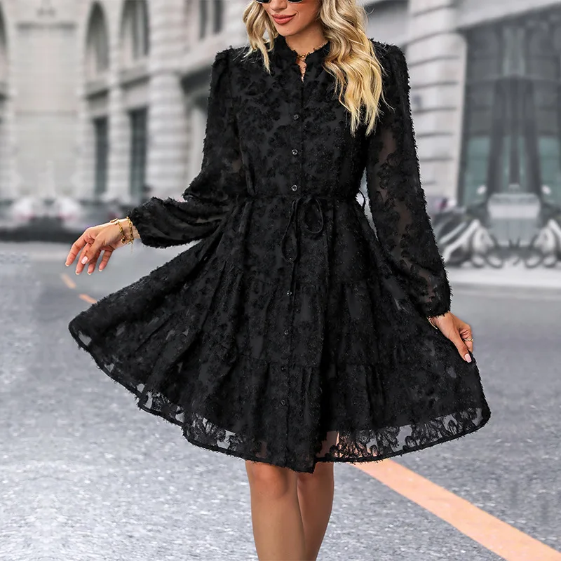 Vestidos Elegant Casual Long Sleeve Loose Dress Autumn Stand Neck Solid Color Party Dresses Fashion Single Breasted A Line