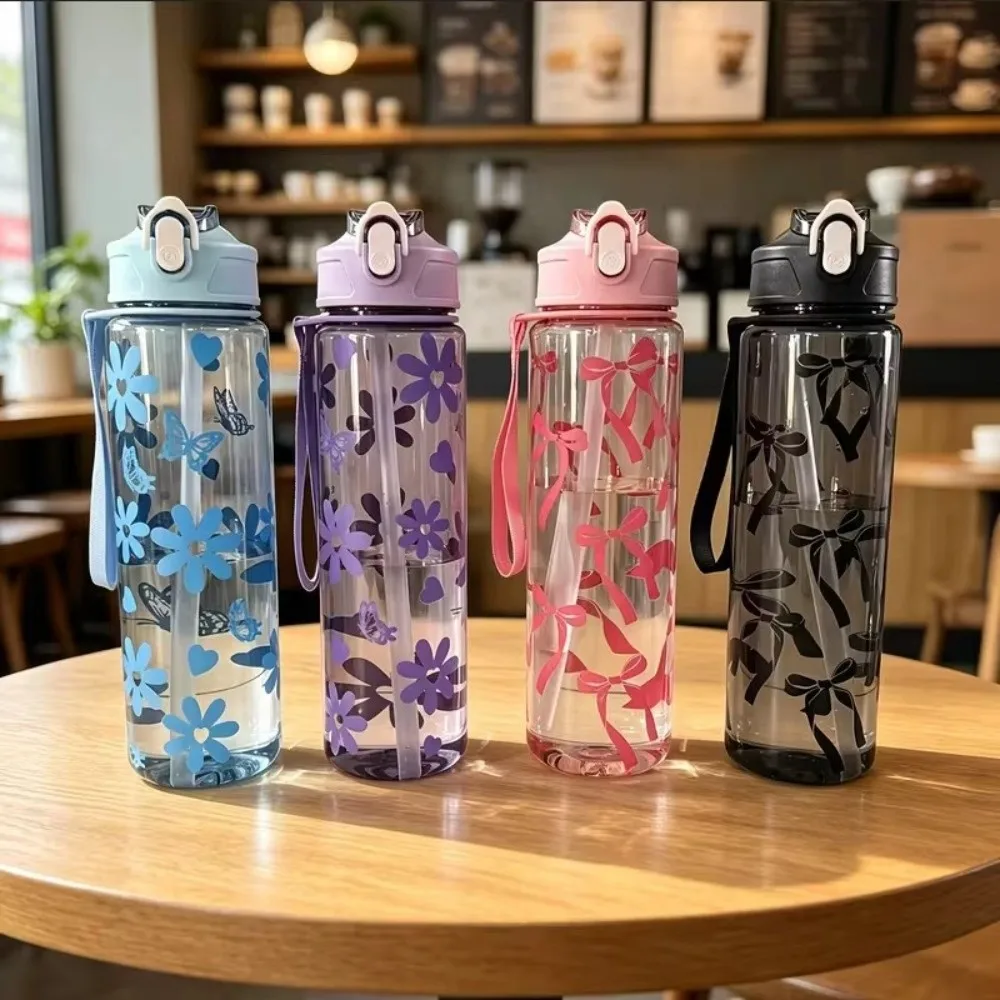High Quality 800ml Water Bottle PC Portable Straw Cup with Handle Floral Bow Print Water Cup Outdoor Sports