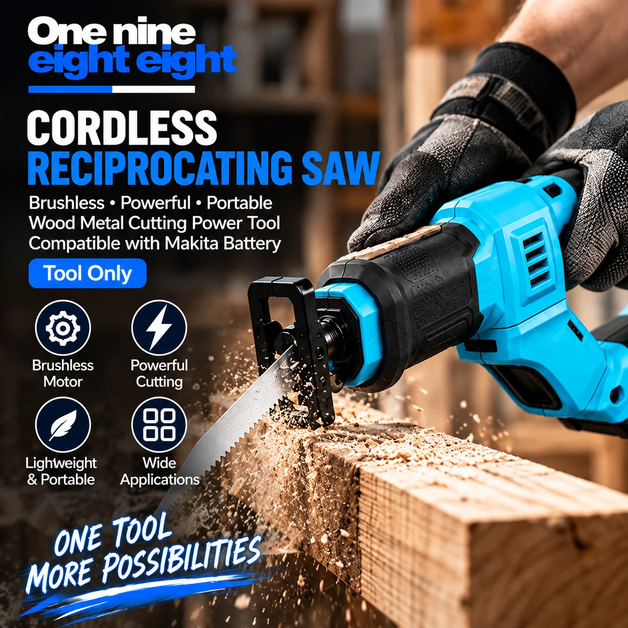 One Nine Eight Eight Cordless Reciprocating Saw Brushless Powerful Portable Wood Metal Cutting Power Tool Compatible with Makita