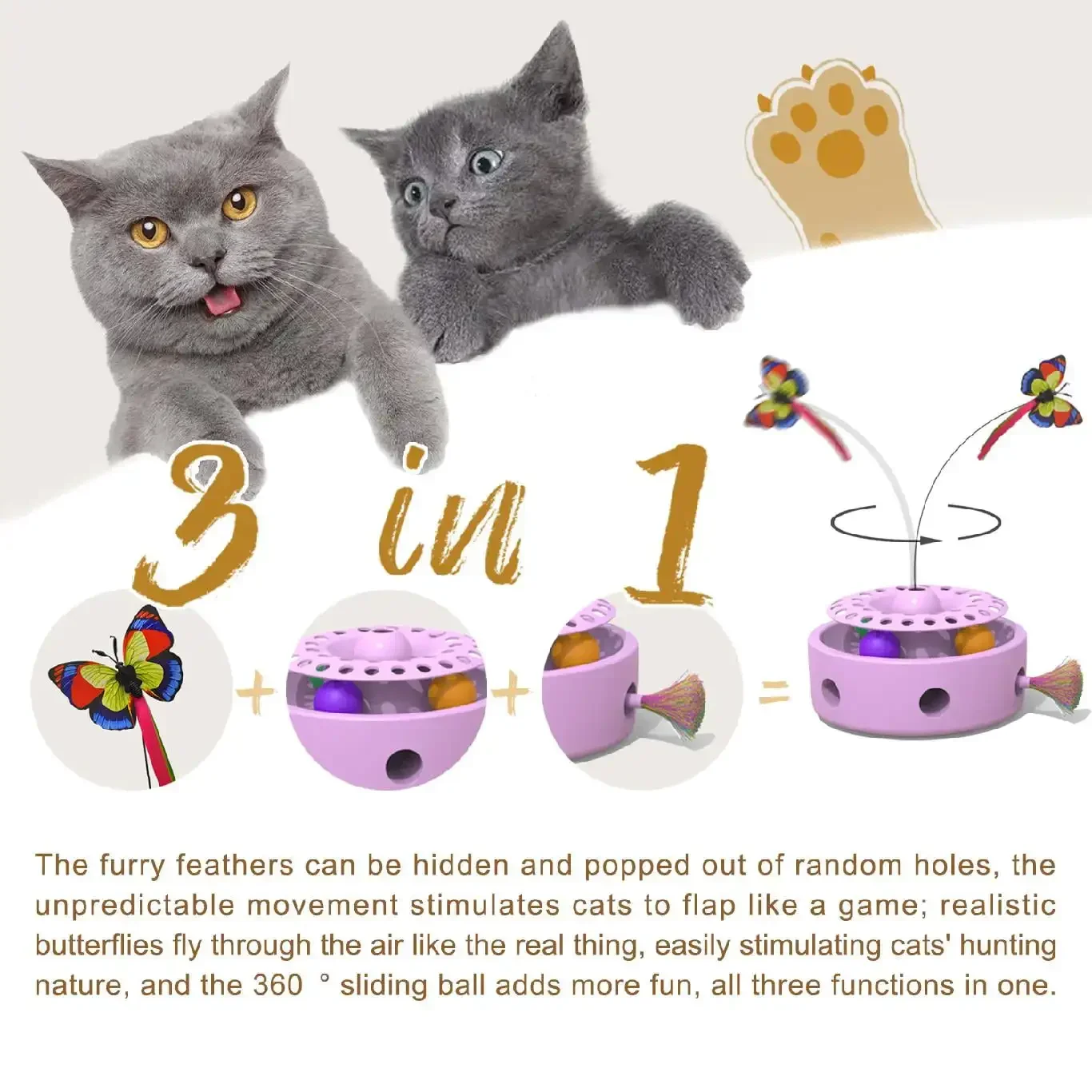 3-in-1 Cat Toys Smart Interactive ElectronicToy, Fluttering Butterfly, Ambush Feather,Battery Powered, Indoor Exercise Cat Toy