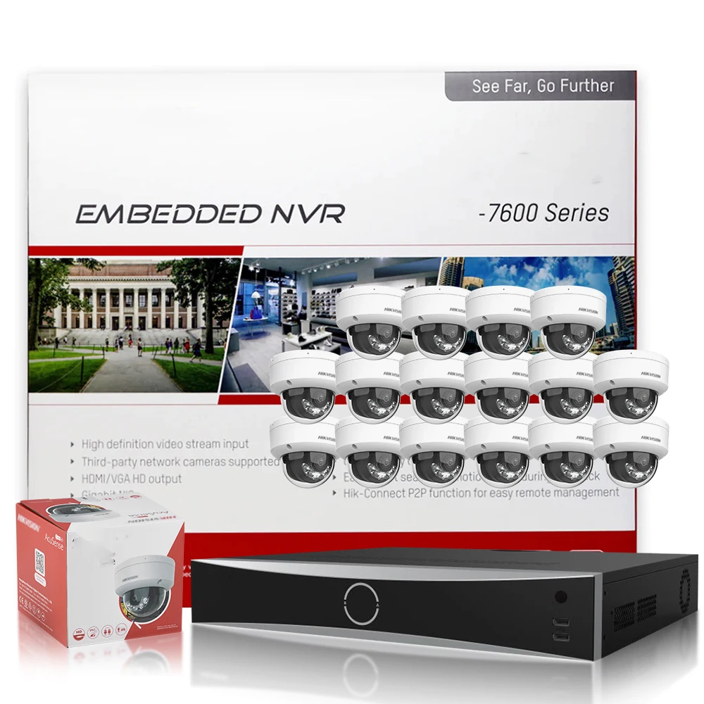 16ch Dome IP Security Camera System 16poe 2SATA 4K NVR 160 Mbps 4MP IP Camera  Smart Hybrid Light Black White