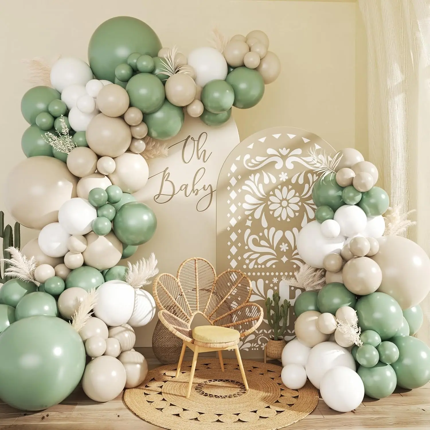 102Pcs Sage Green White Balloon Garland Arch Kit Sand White Balloons for Birthday Baby Shower Gender Reveal Party Decorations