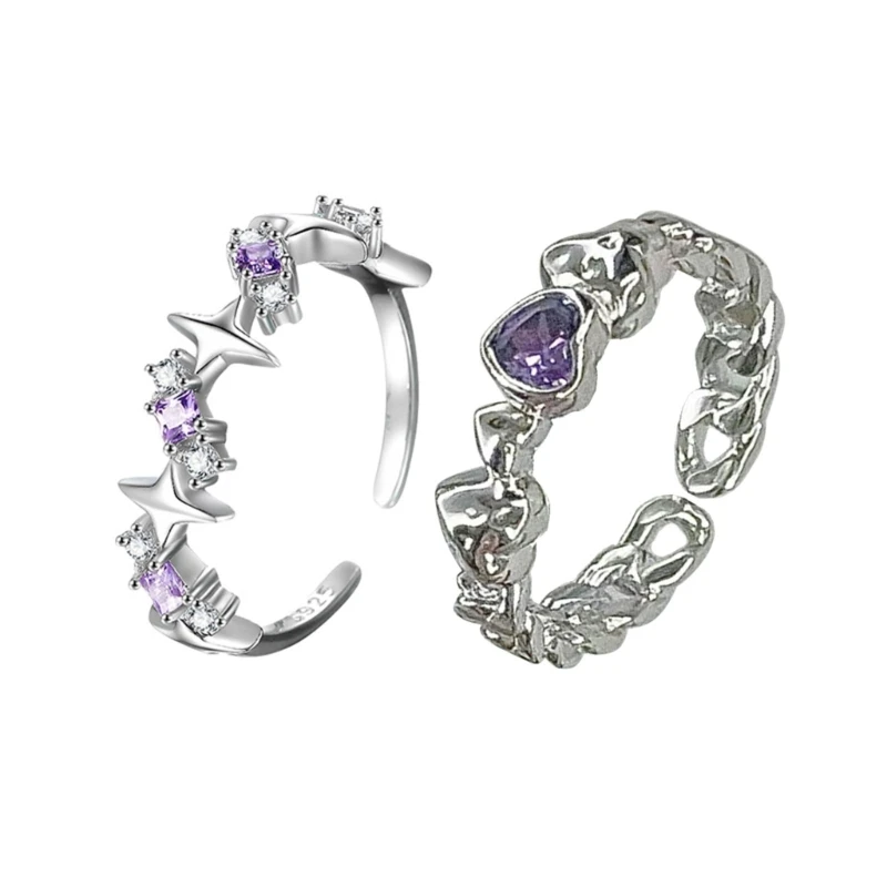 2 Pack Purple Rhinestone Rings Party Jewelry Engagement Rings Y2K Rings Open Rings Adjustable Rings Gift for Women Girls