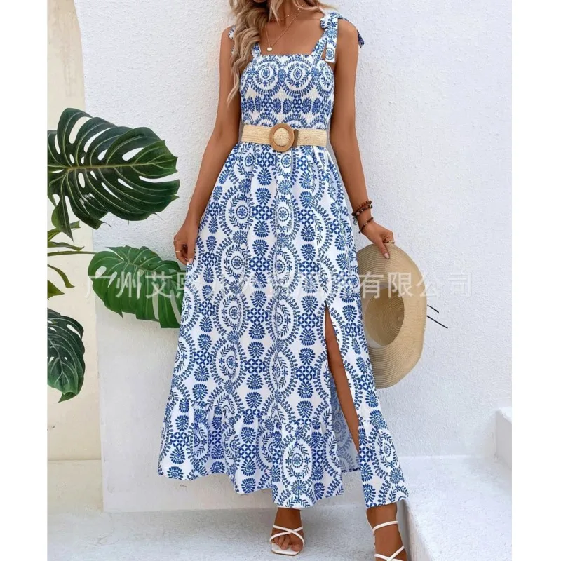 

Elegant women's clothing 2024 summer new fashionable suspender print sleeveless slit personalized street long dress y2k