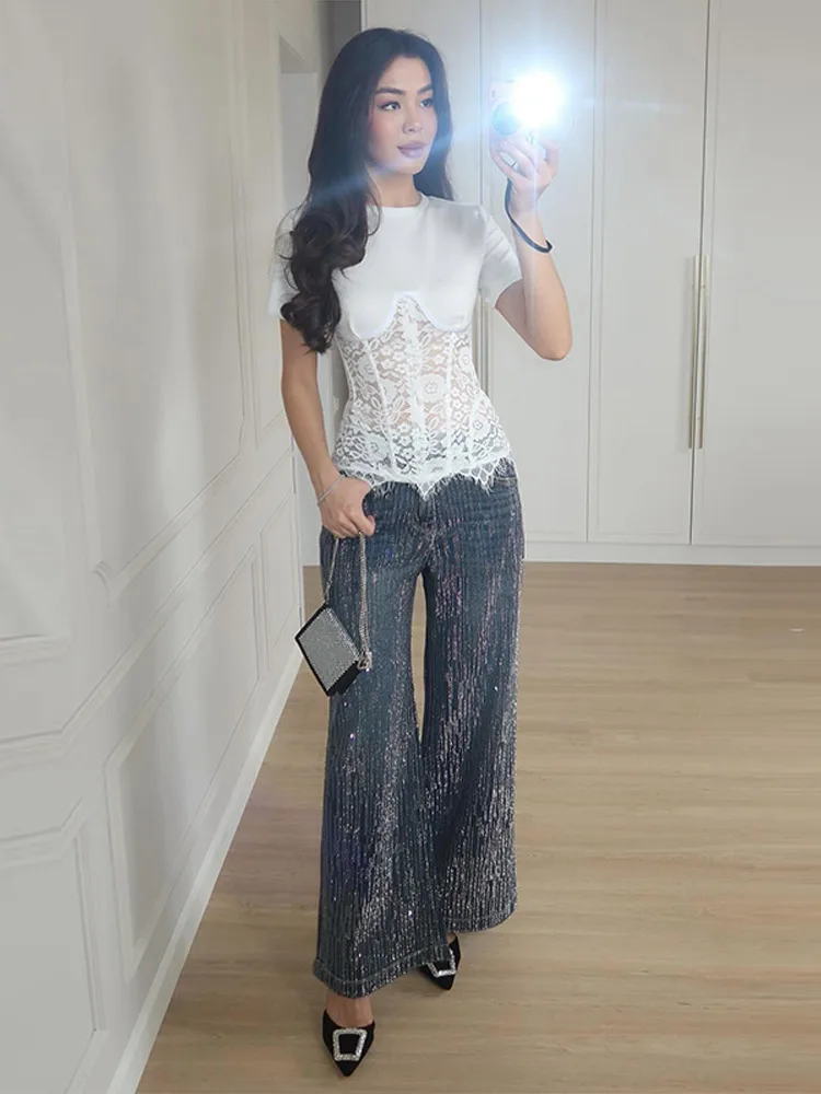 Elegante Spitze Patchwork Top Frauen Solide Rundhals Kurzarm Durchsichtig Slim Fit Tops Dame Neue Täglich Casual Sommer Hemd 2026