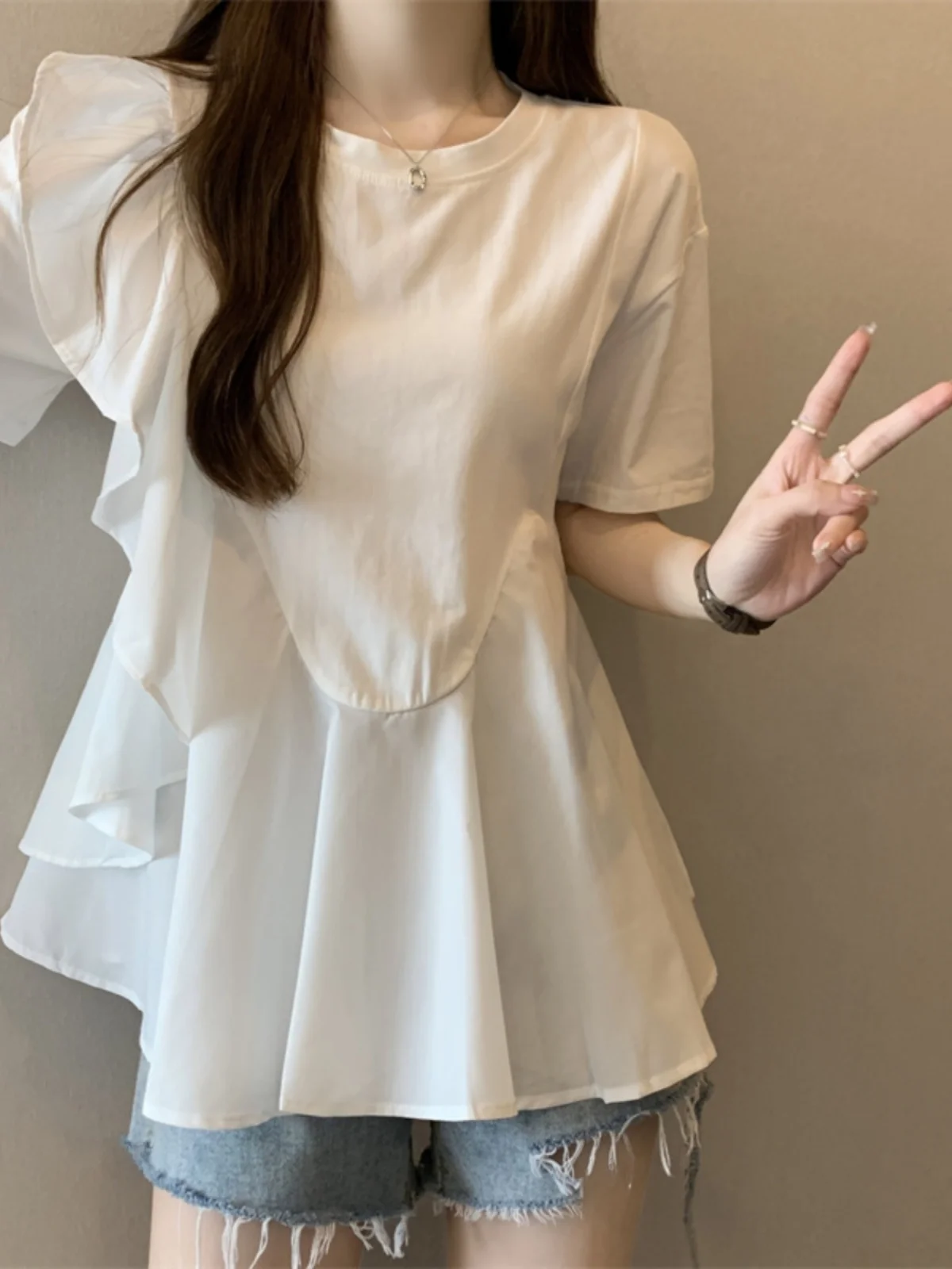 

plus Size Women's Faionable Summer T-irt oulder Length ort Sve Patchwork Slimming Top Korean Sle Bubble Sve