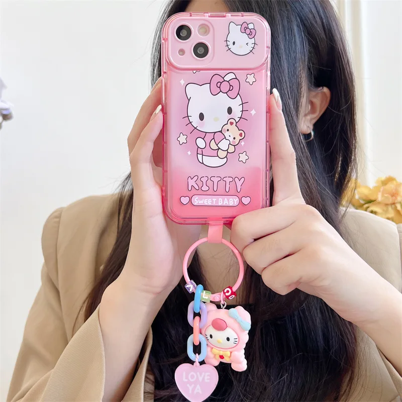 Kawaii Hello Kitty Phone Case For iPhone 14 12 11 13 Pro MAX Plus X XR XS Cartoon TPU Soft Shockproof Cover With Pendant