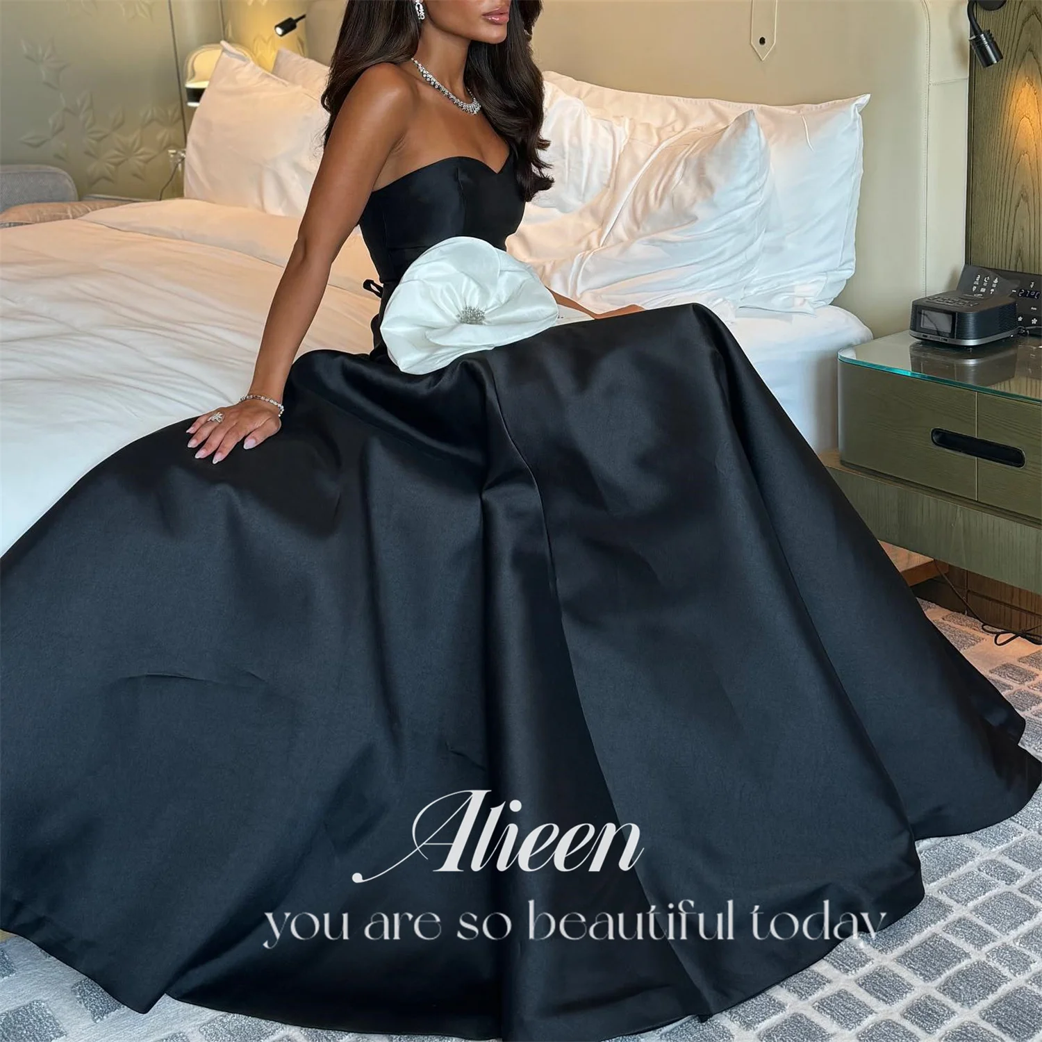 Aileen Black Off the Shoulders 3D Flowers Satin A-line Chubby Elegant Party Dresses 2024 for Wedding Evening Woman Gala Prom