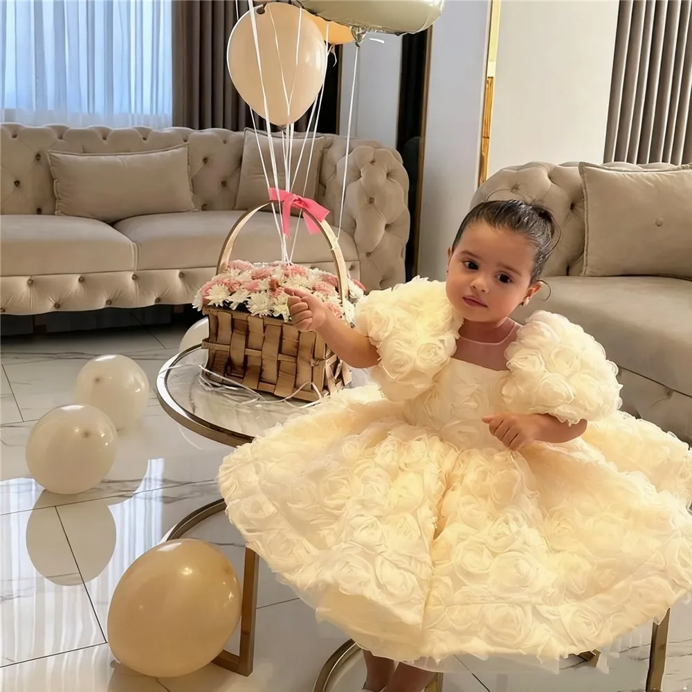 

Lovely Baby Flower Wedding Dress Bow Flowers Puff Sleeves Princess Birthday Gifts Party Dress First Communion Gown Customized