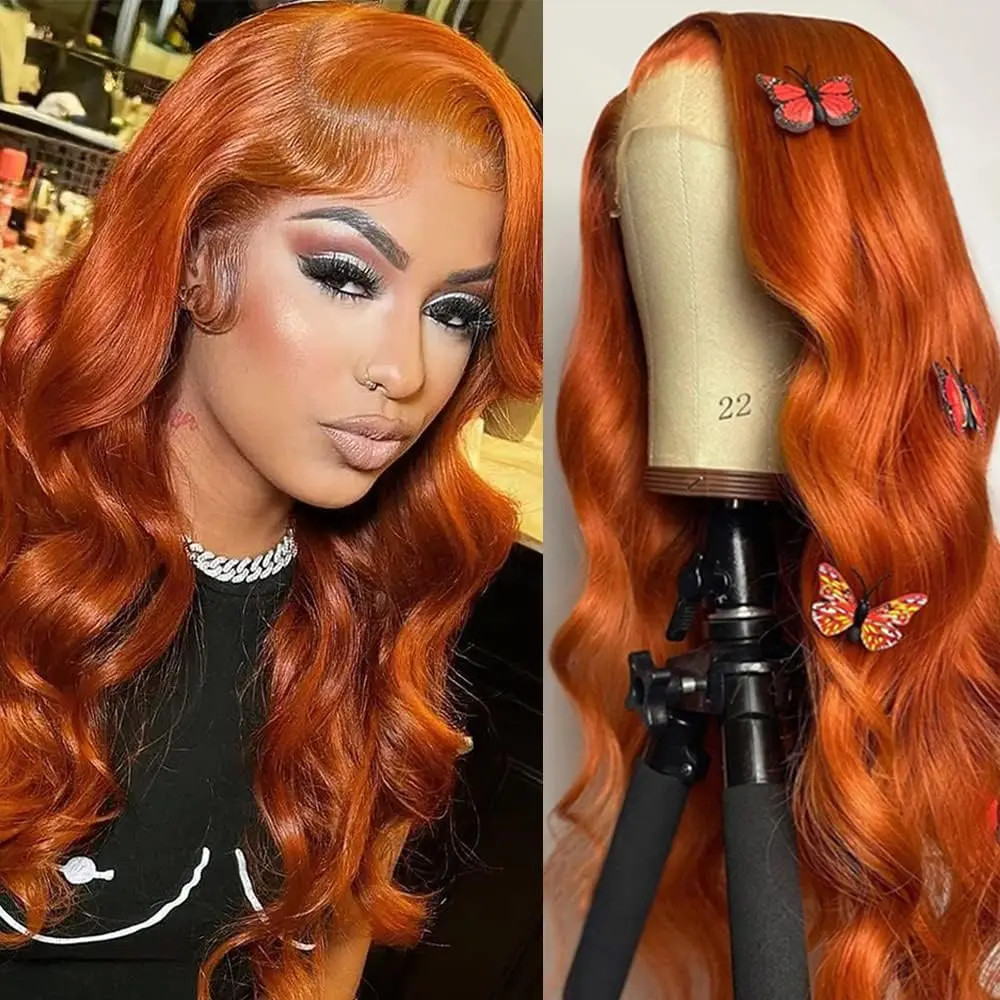 200 Densidad Gengibre Naranja Onda Del Cuerpo 13x413x6 HD Pelucas frontales de encaje transparente Cabello humano para mujeres Peluca de color 30 36 pulgadas