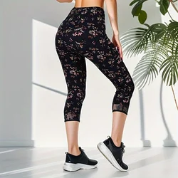 QR76 Summer Floral Print Capris Sportswear WOMEN'S Fitness Leggings Sportswear Waist Stretch Leggings