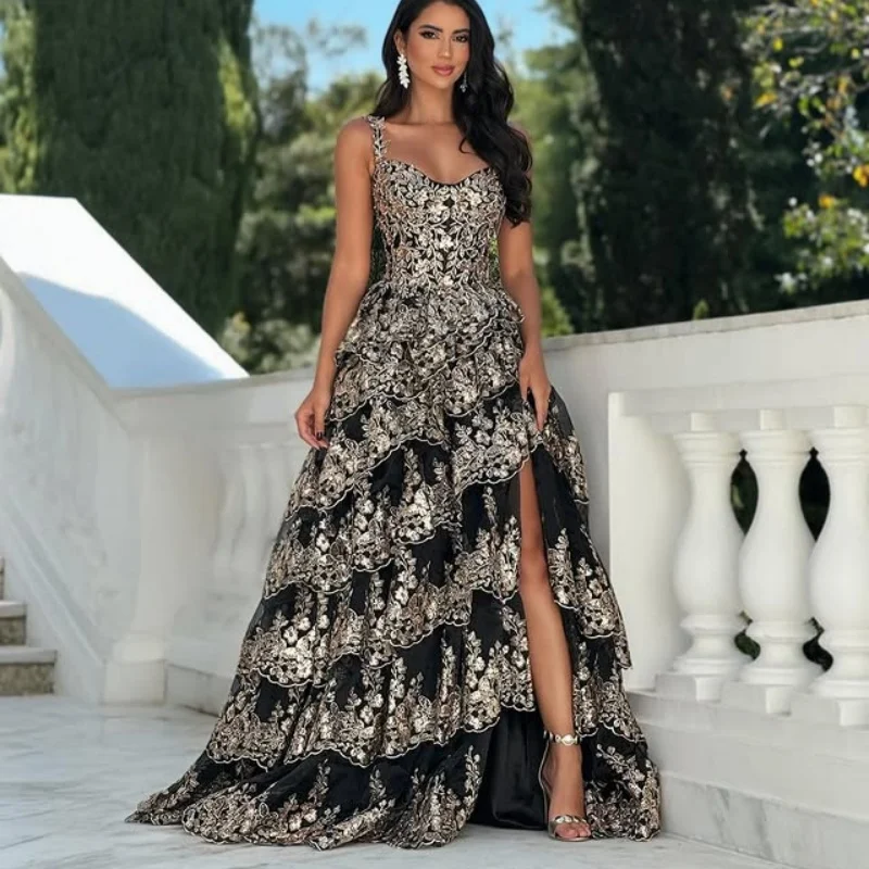 

Customized black Straps Tull Wedding Dresses applique glitter Tull 3D flower layering Gowns Made Dress