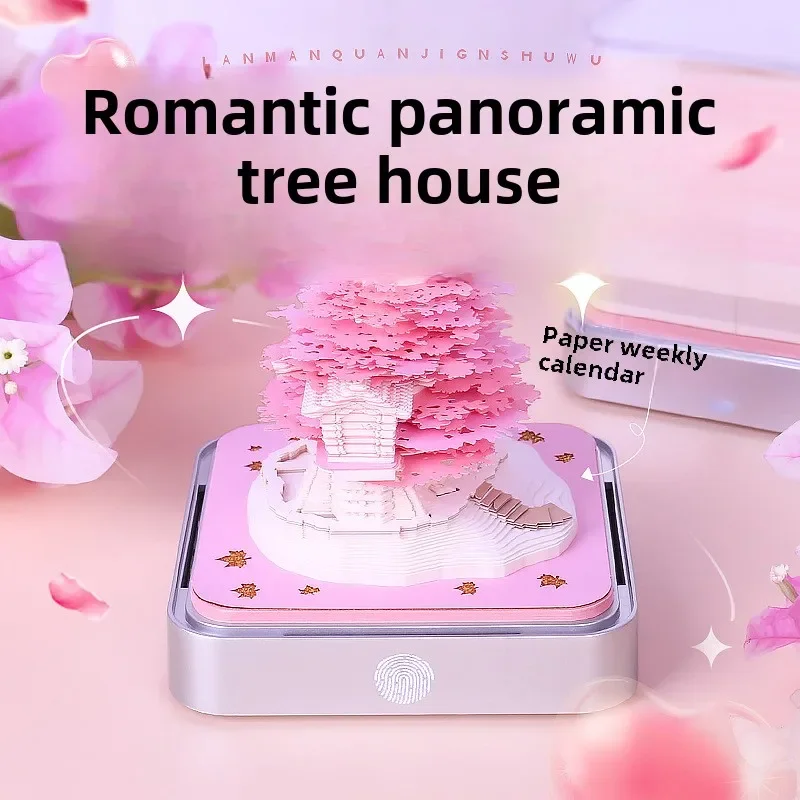 2025 Calendar Pink Romantic Treehouse Panoramic 3D Memo Pad Sticky Notes with Light Creative Gift Desktop Ornament Decoration