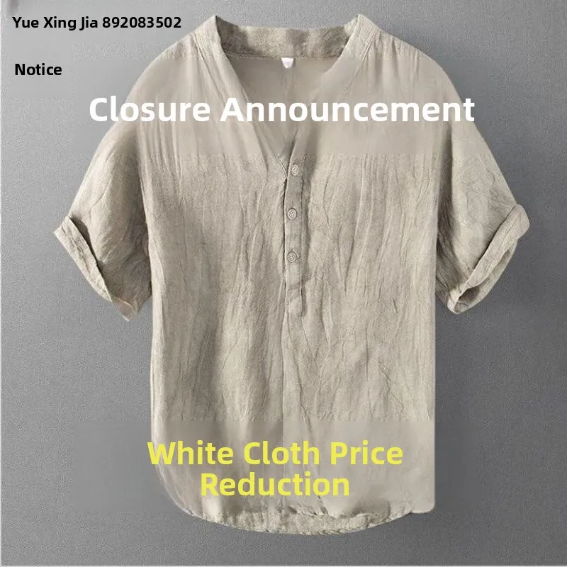 

Pure Linen Short Sleeve T-Shirt Men's New Chinese Style Summer Thin Retro Cotton Linen Stand Collar Button up Half Sleeve Tee