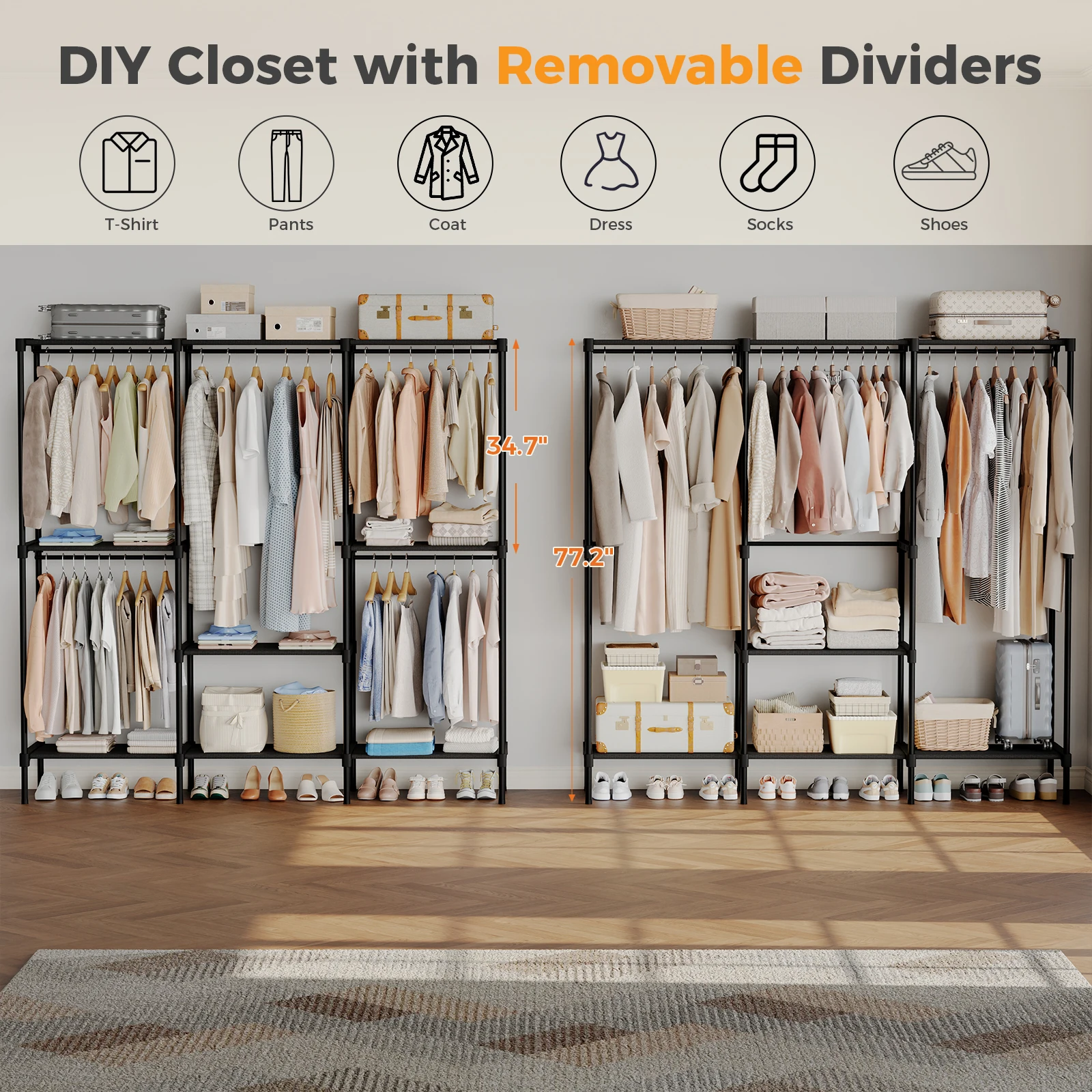 JHK 72IN to 81IN Portable Three Rows Wardrobe Closet with Hanging Rods Clothing Rack with Shelves Mudroom Storage Organizer image 2