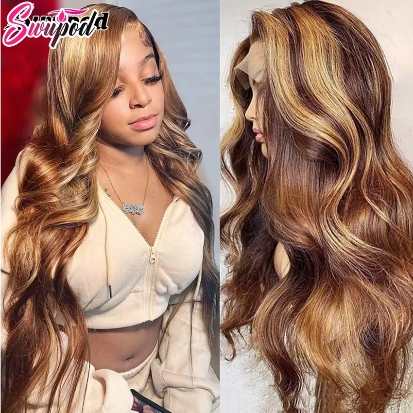 

Swupod 13x4 HD Lace Front Wig for Women Body Wave Remy Human Hair P4/27 Piano Ombre Blonde Brown Highlight Glueless Pre Plucked