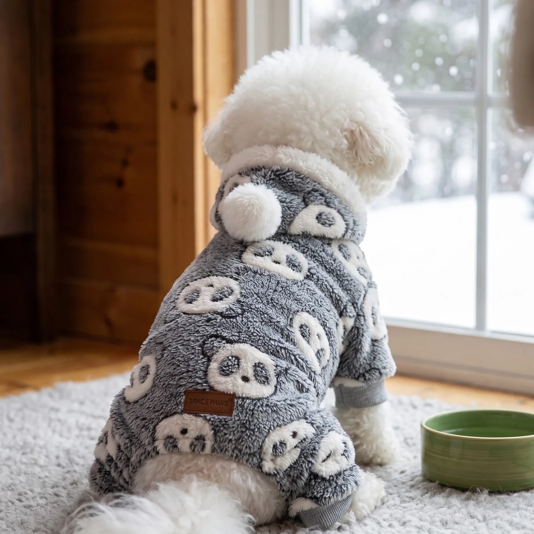 Hundeanzug mit Kapuze und vier Beinen, Plüschballmütze mit Panda-Motiv, weicher und bequemer, dicker Herbst- und Winter-Pyjama. – Detail 5