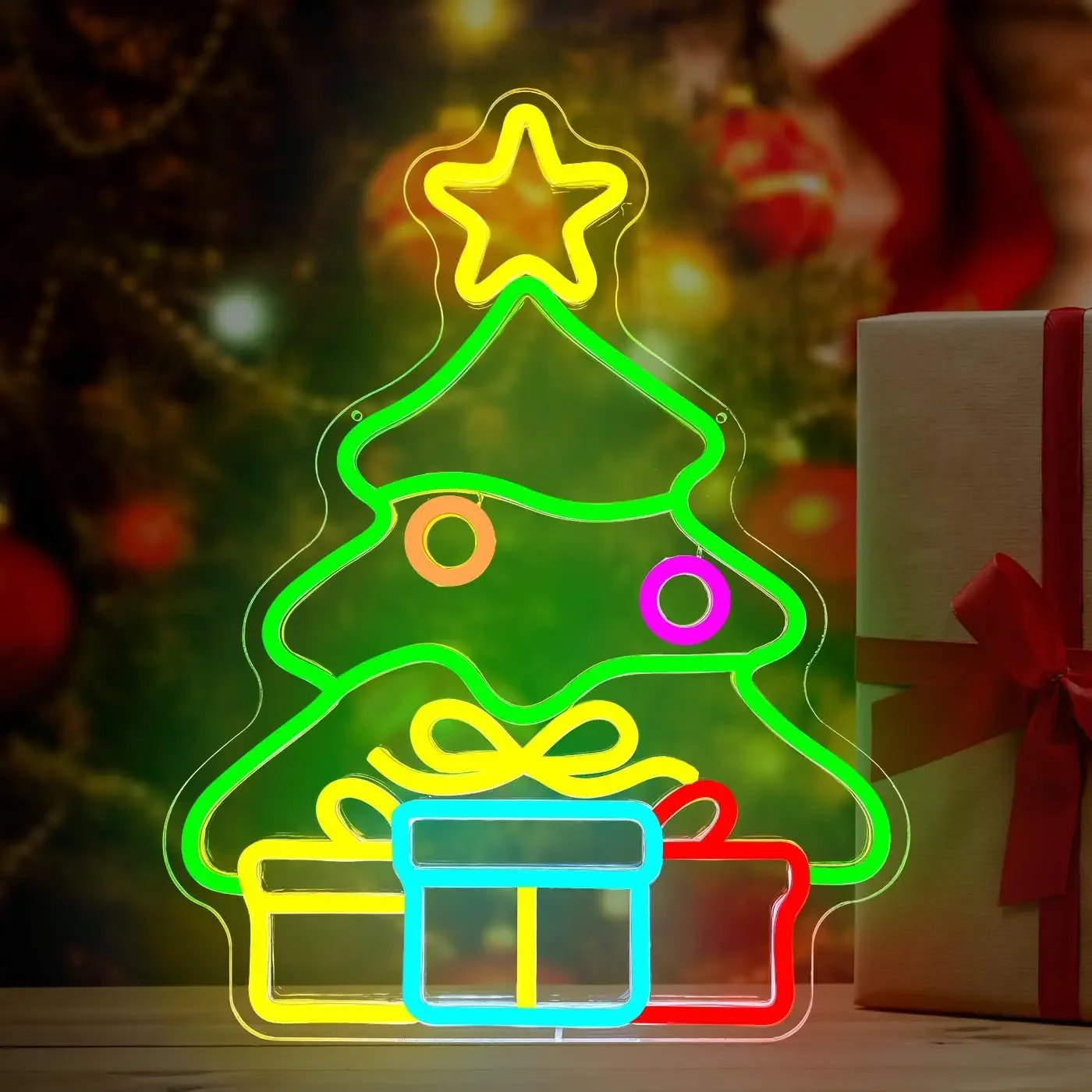 Christmas Tree Gift Boxes Neon Sign LED Wall Art Xmas Star Present USB Powered Dimmable Light Home Party Bar Shop Holiday Decor
