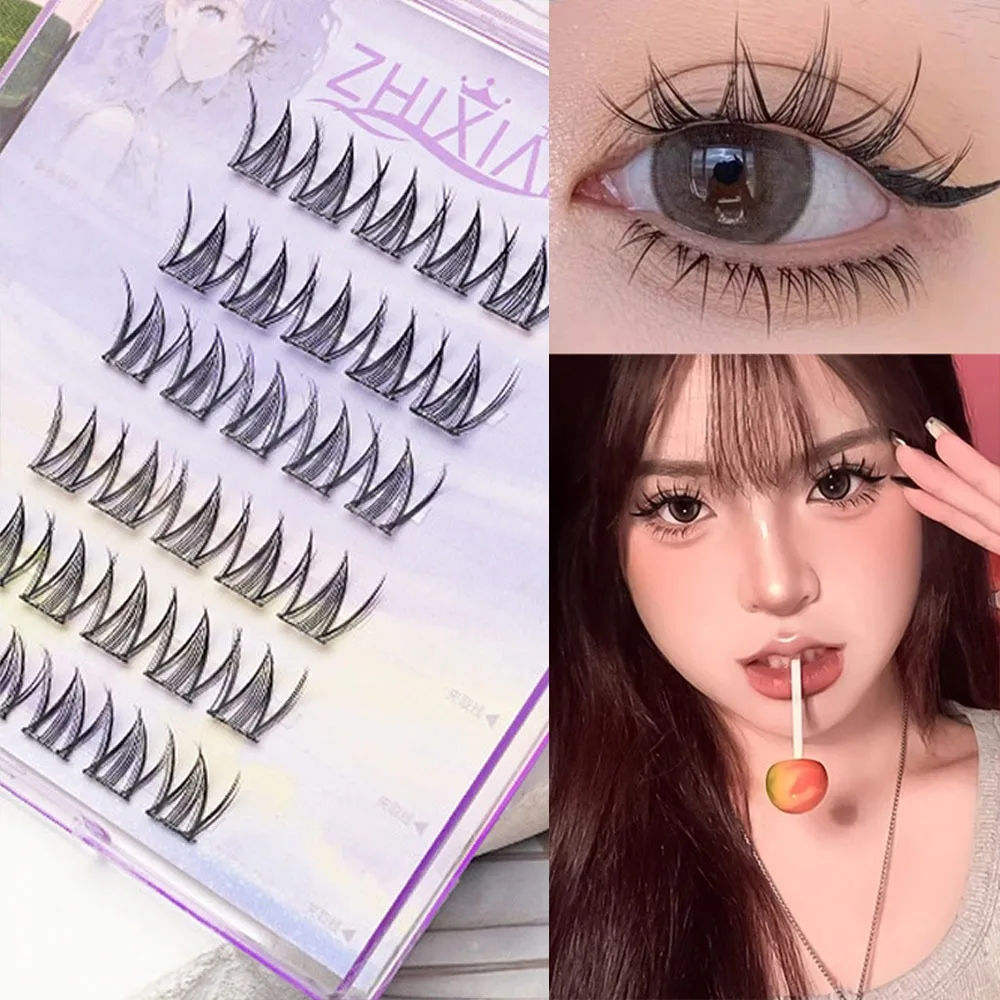 Pestañas de manga con tiras de pegamento de gel, sin pegamento, para cosplay de anime, pestañas postizas segmentadas, maquillaje nude DIY, pestañas de gato y elfo para hombres.