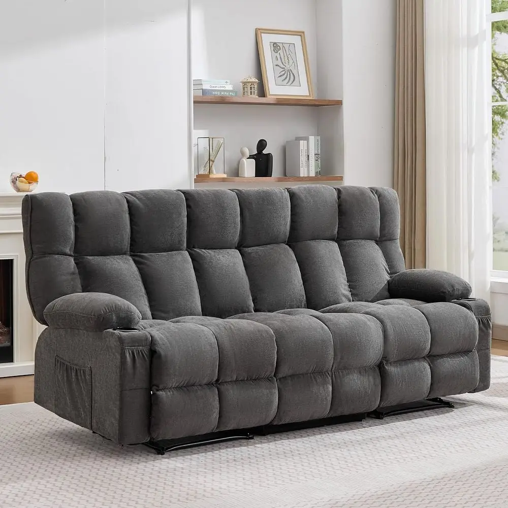 

Large 3-Seat Recliner Sofa with Cup Holders & Side Pockets, Grey Fabric, Traditional Manual Recliner for Living Room, RV, Home T
