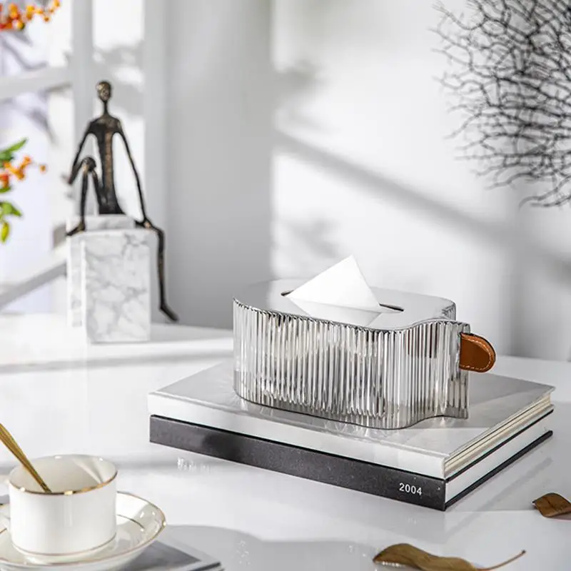 Modern Desktop Ornaments Light Luxury Stainless Steel Leather Tissue Box High-End Home Desktop Napkin Holder Decor Furnishing