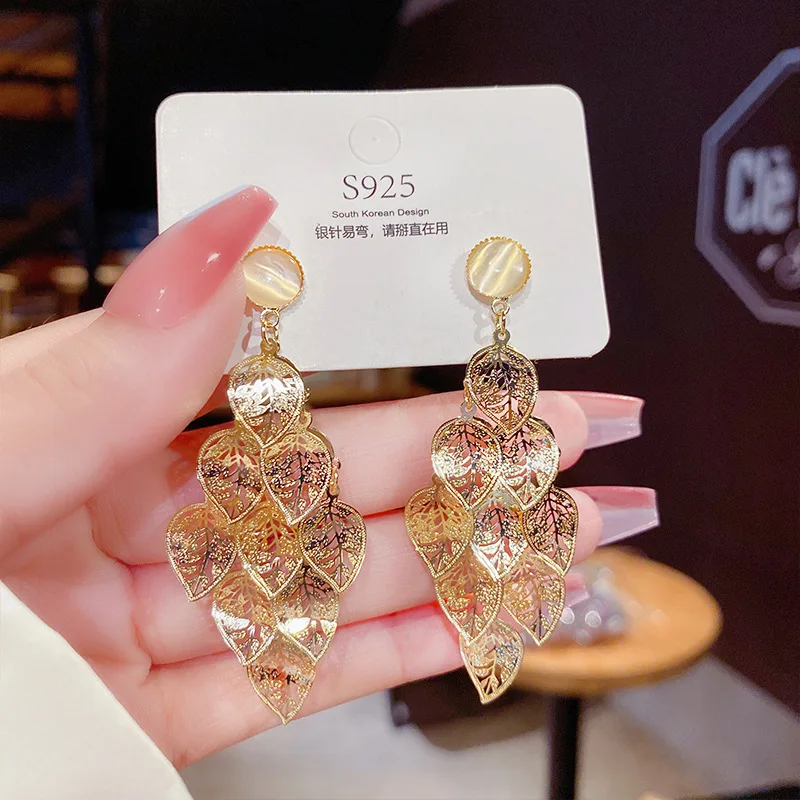 

Exaggerate Metal Leaf Long Tassel Drop Earrings For Women Gold Color Geometric Opal Earrings