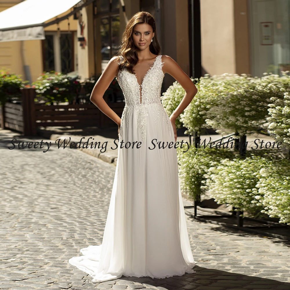 2023 praia vestido de casamento sexy decote em v profundo sem mangas miçangas flores varrer trem a linha chiffon vestido de noiva