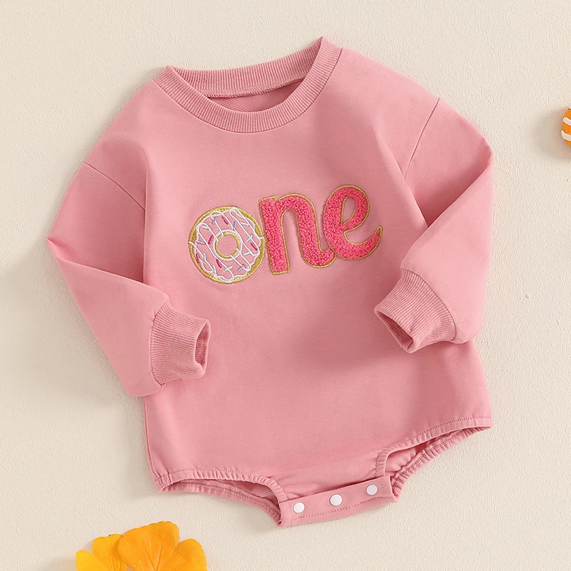 Baby Girl One Birthday Outfit Donut Sweatshirt Romper One Year Old Birthday Gifts for Girls 1st Birthday Sweet Clothes