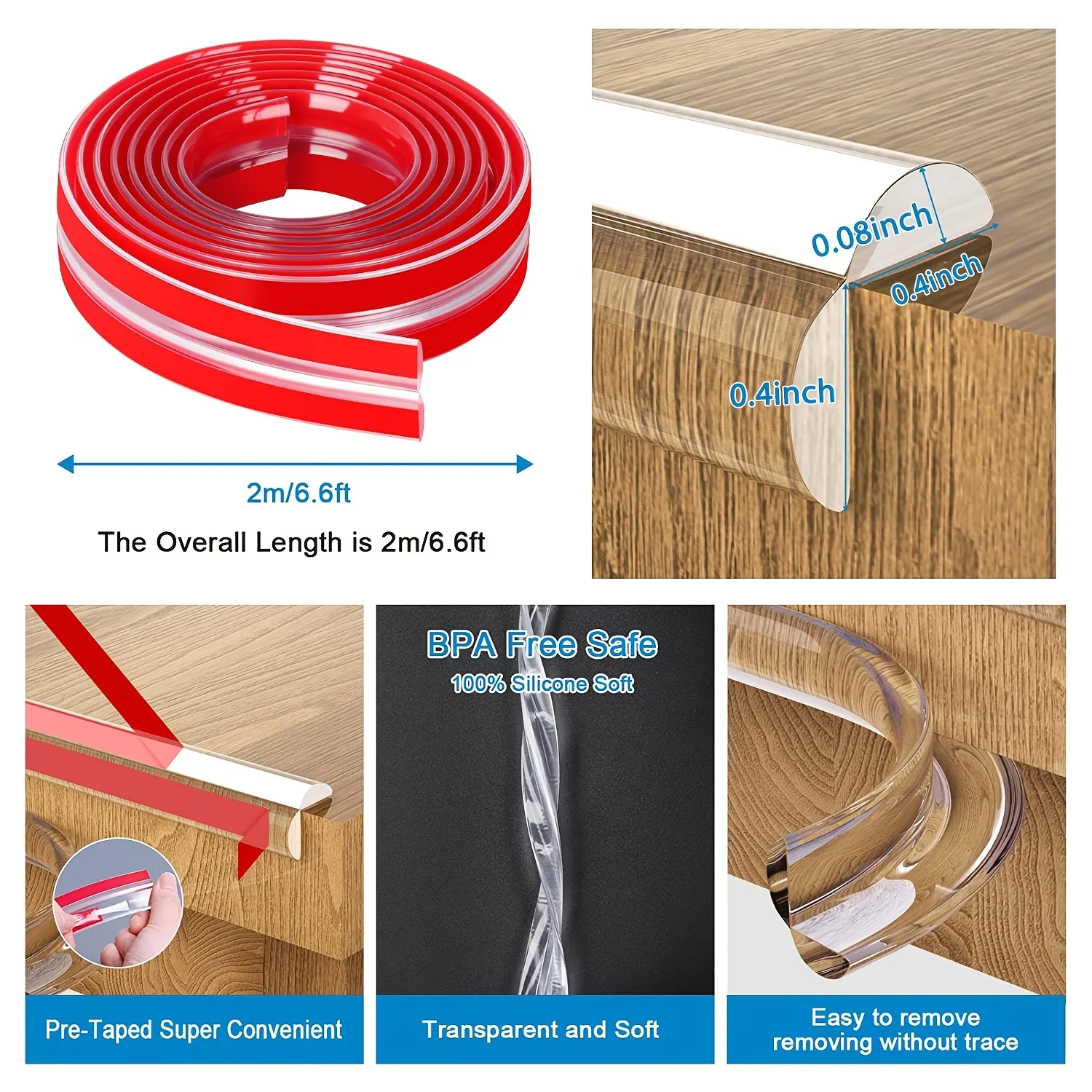 6.6ft Edge Protection Strips: Thickened Silicone Soft Corner Protector Strips with Pre-bonded Strong Adhesive for Corner for Cabinets Tables and Drawers