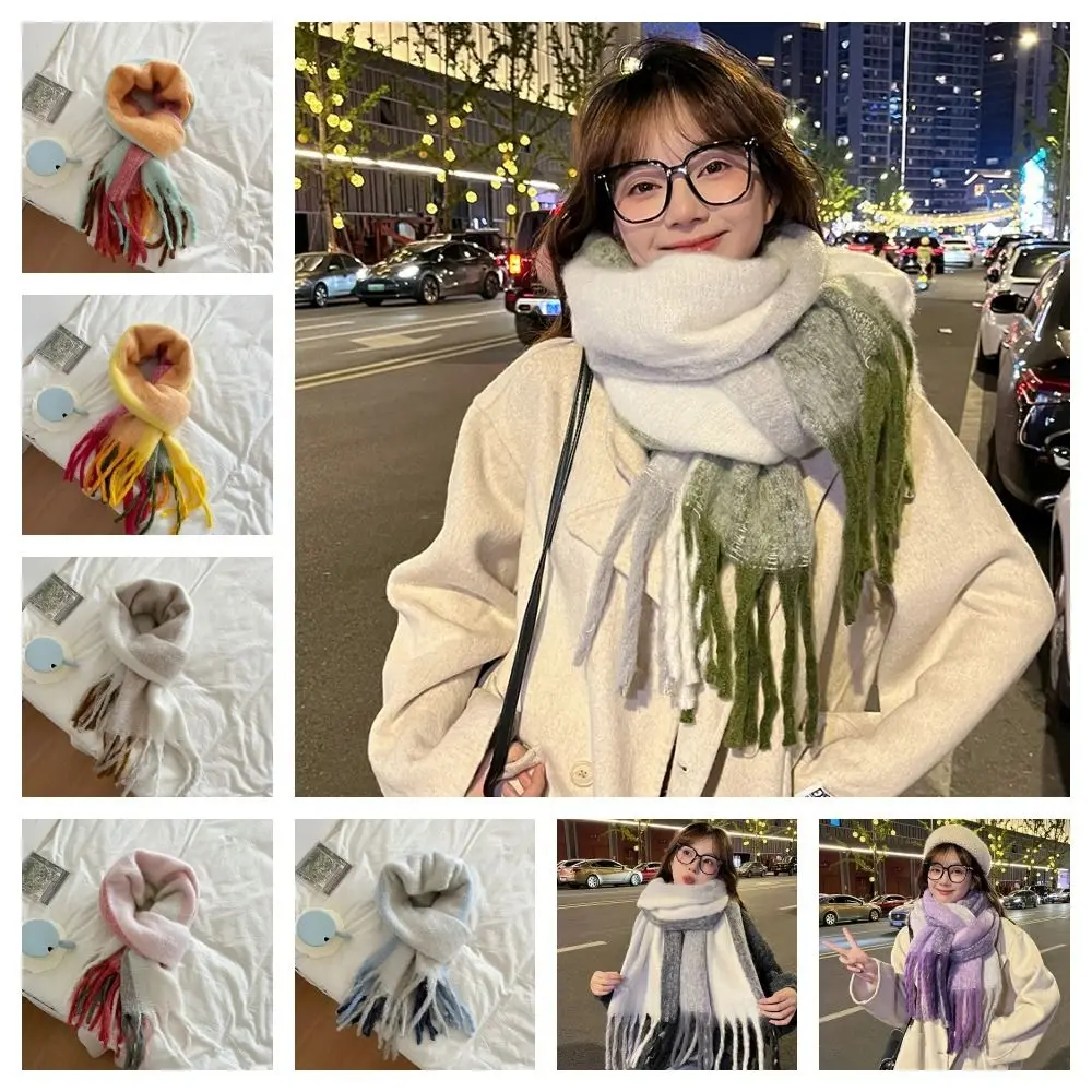 หรูหราสไตล์เกาหลี Rainbow CASHMERE Shawl Windproof สีสันถักผ้าพันคอลายหนาอบอุ่นยาวพู่ผ้าพันคอหญิง